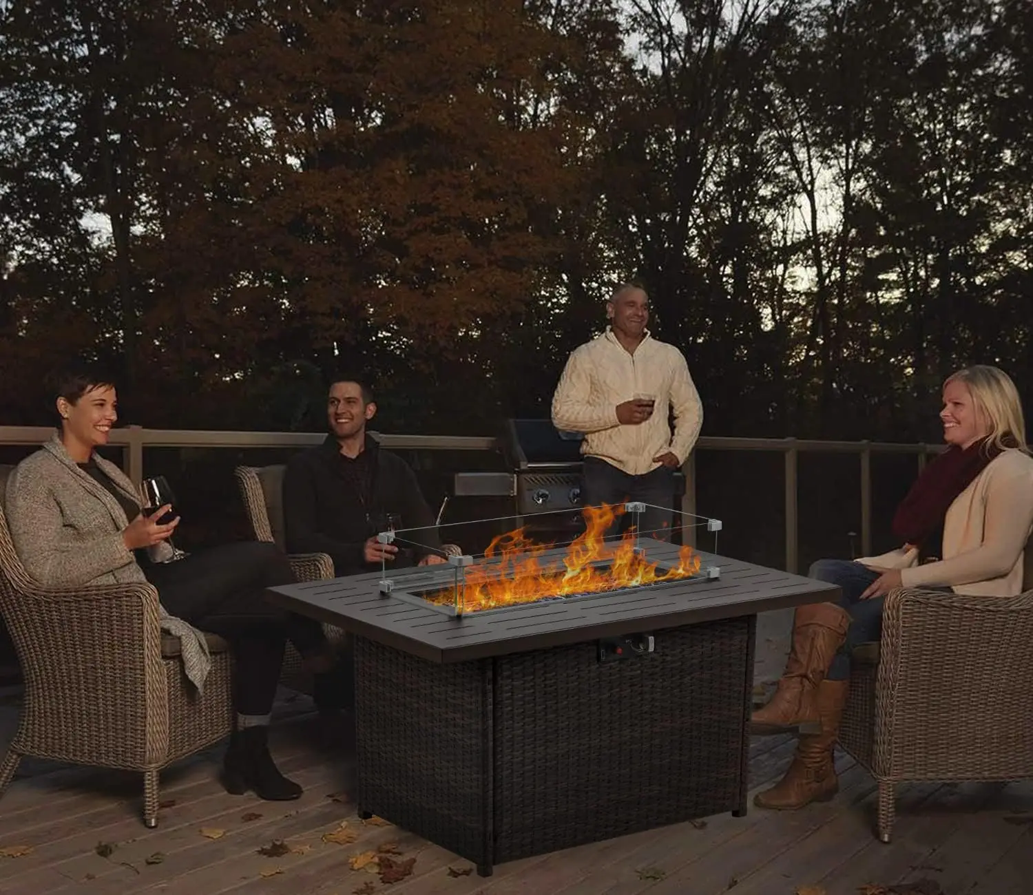 Outdoor Patio Deck Use, Aluminum, 55000 BTU, 44 Inch Rectangular Propane Fire Pit with Glass Wind Guard
