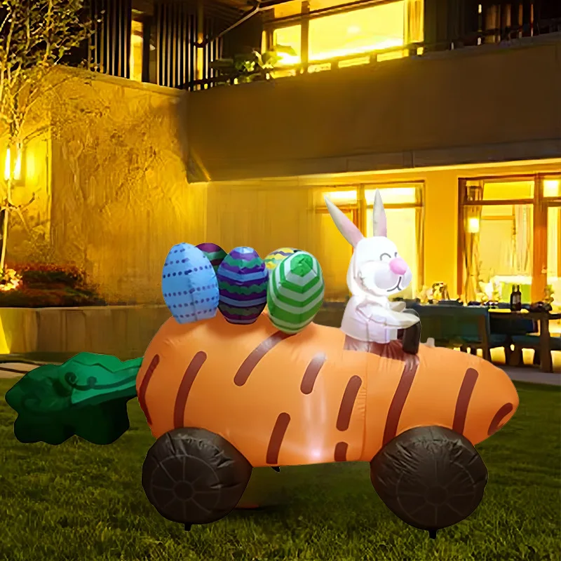 5 Foot Long Easter Inflatable Bunny in Carrot Car Lighted LED Outdoor Indoor Holiday Party Decorations Blow up Party Toys Decor