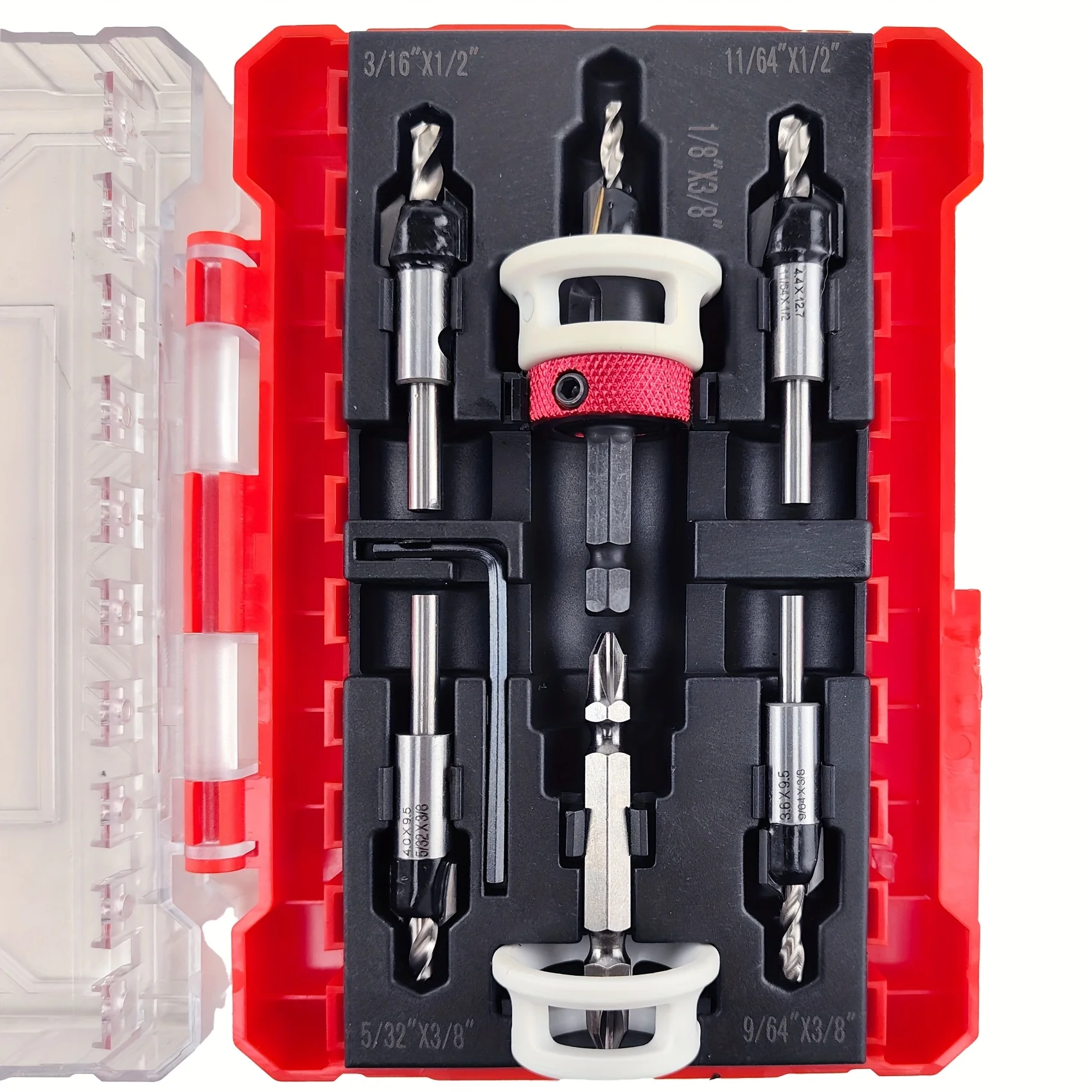 Verzinkboorset met lage wrijvingsdieptestop, HSS M2-bits, taps toelopende kop 1/8 9/64'' 5/32'' boor en 3/8'' tegenboring, 1