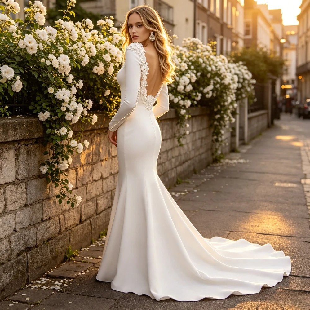 Customized One Collar Long Sleeved Satin Summer Fishtail Wedding Dresses High-end Feel Three-dimensional Slimming Bridal Gown