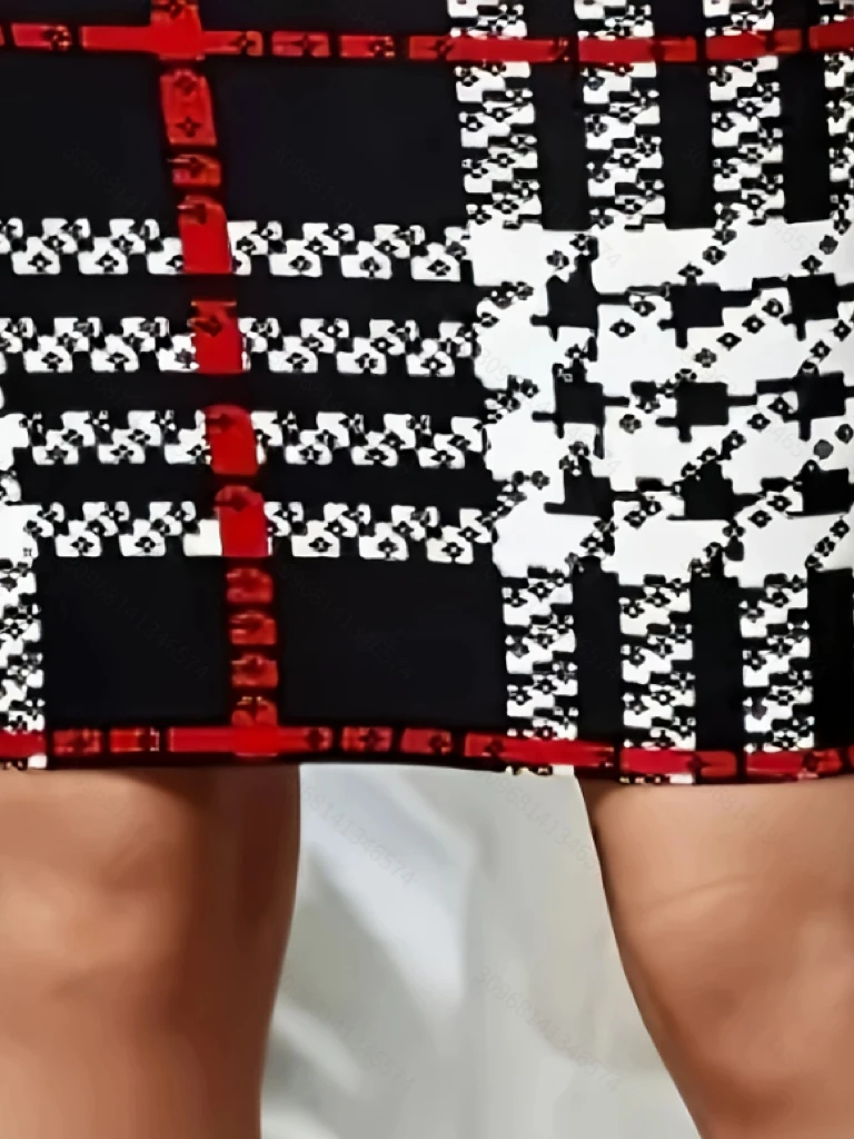 Black White Red Plaid High-Waist Bodycon Skirt, Slim-Fit Midi Pencil Skirt view 4