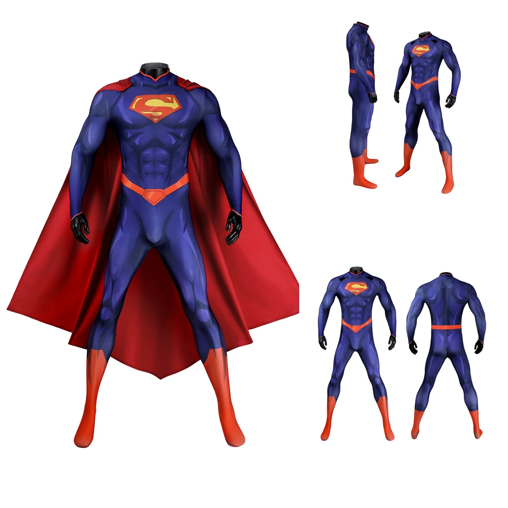 

2025 Halloween Carnival New Superhero 52 Role Playing Men 52 Blue Tight Jumpsuit Red Cloak Role Playing Fantasy Costume Zenta