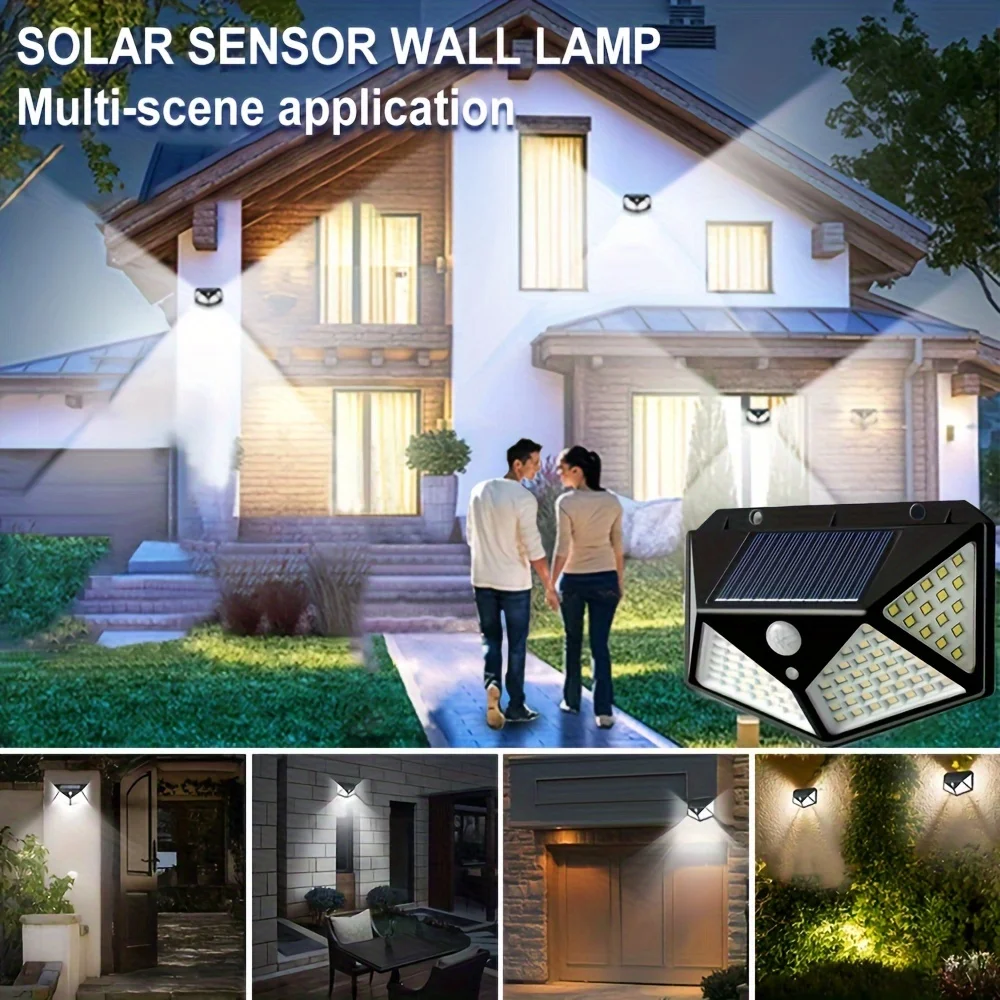 1pc 100 LED Waterproof Solar Wall Light 3 Modes LED Solar Powered Smart Motion Sensor Light For Balconies Patios Patios Gardens