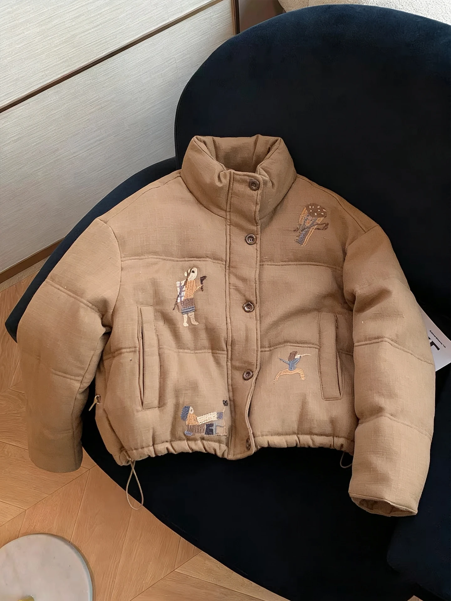 

Retro Cute Cartoon Print Stand Collar ort Bread Jaet Men's Faionable Cotton Coat Autumn Winter Versatile Outerwear