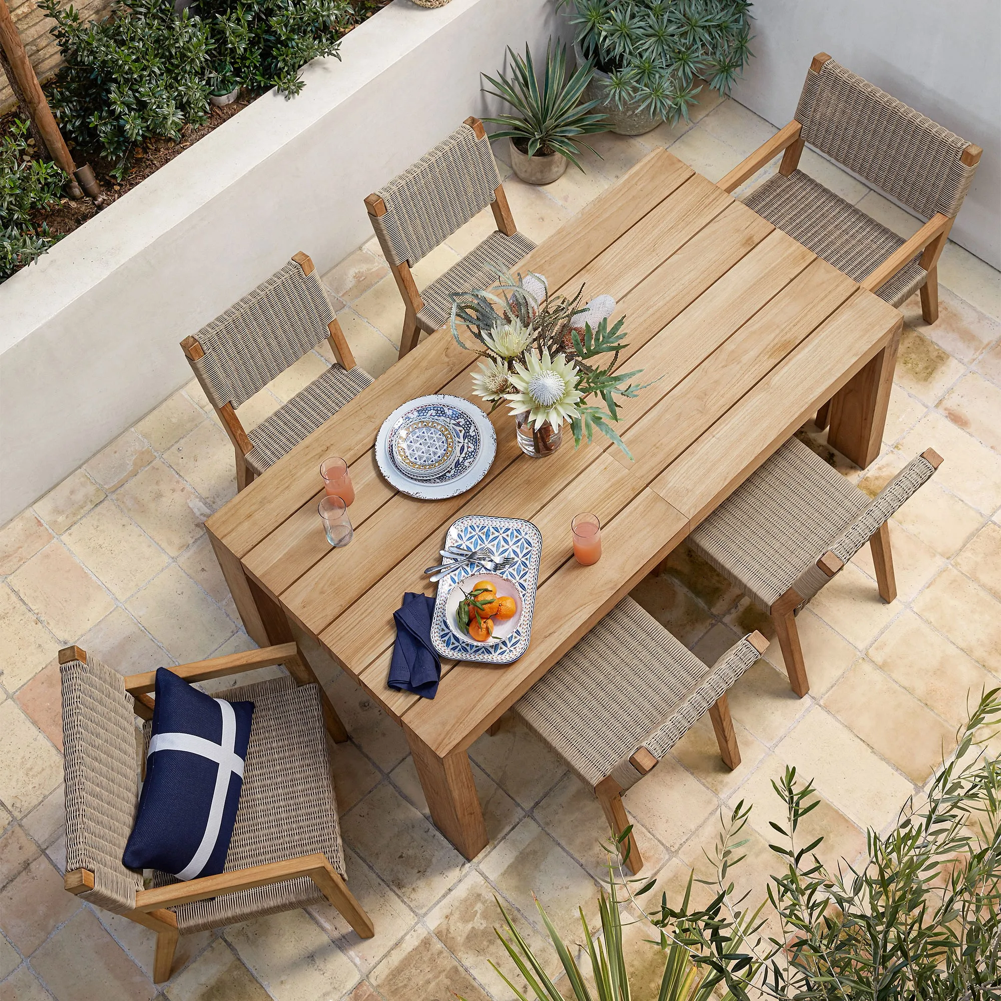 Stylish Patio Outdoor Dining Table And Mixing Rattan Teak Chairs Set Outdoor Wooden Garden Furniture
