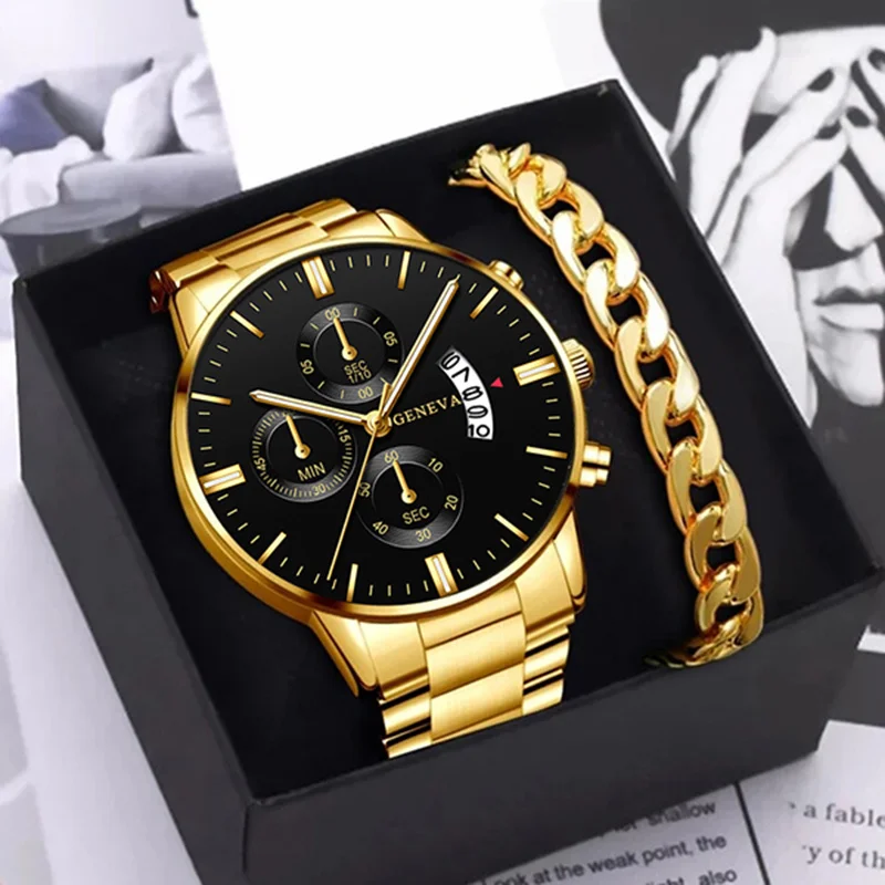 Luxury Fashion Men's Watches Men Business Casual Quartz Wristwatches Male Golden Clock Bracelets Set