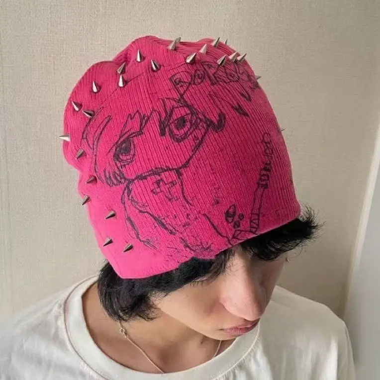Hot Pink Anime Sketch Girl Print Knit Beanie Y2K Alt Punk Aesthetic Doodle Graffiti Soft Stretchy Warm Skull Hat for women