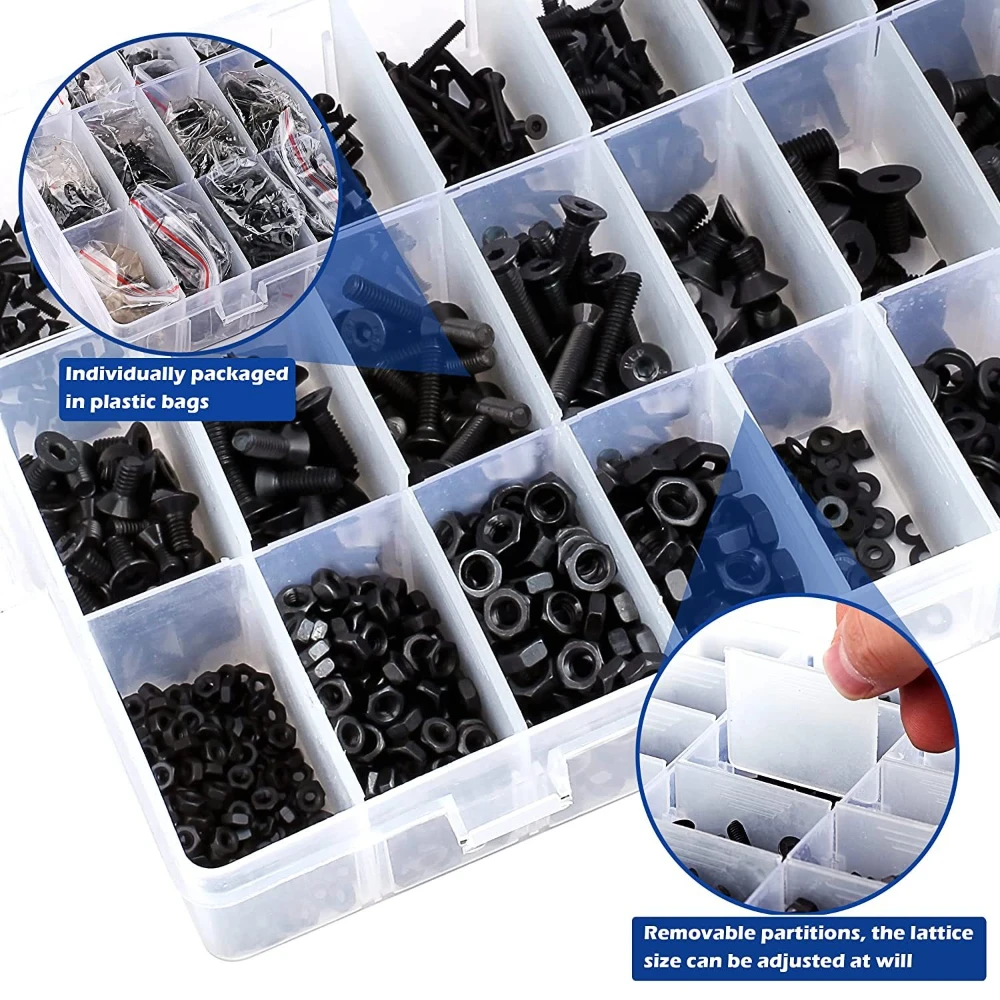 

1500PCS Flat Head Hexagon Socket Screws with Flat Washer Nuts Box High-strength 10.9 Grade M2 M3 M4 M5 Screws Wrenches Tweezers