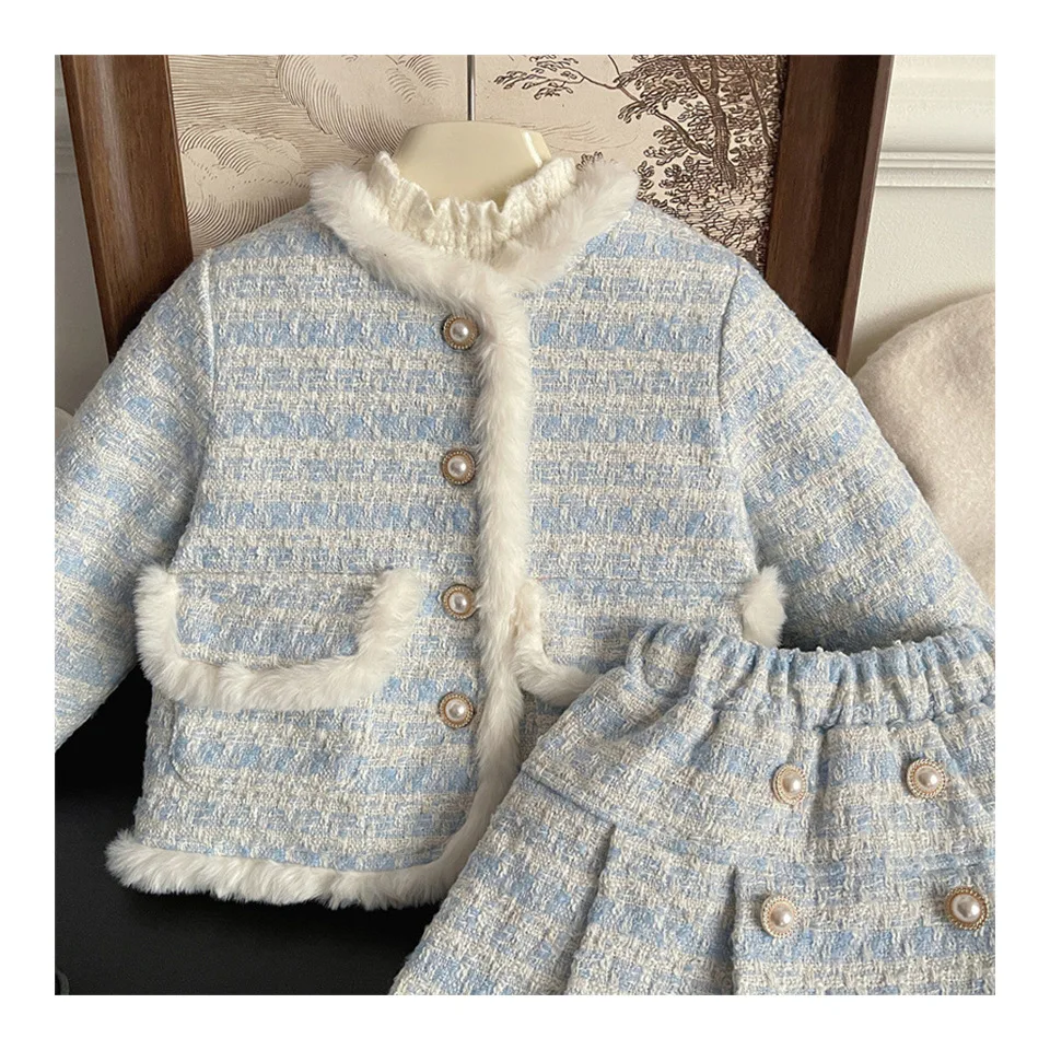 Kinderbekleidungssets Tweed-Duftanzug Fleece-Mantel + Plissierter Rock 2-teiliges Set Baby-Mädchenkleidung Kinderkleidung 2 bis 7 Jahre – Detail 5