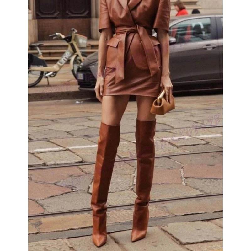 Braune Stöckels chuhe sexy Stiefel spitze Zehen Schuhe für Frauen matte Leder Party Winters chuhe 2024 zapatos para mujere