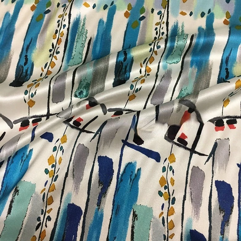 Graffiti Geometric Printing Fresh Blue 19mm Heavy Weight High Quality Silk Dress Pinted Fabric for Clothing Diy Designer Fabrics