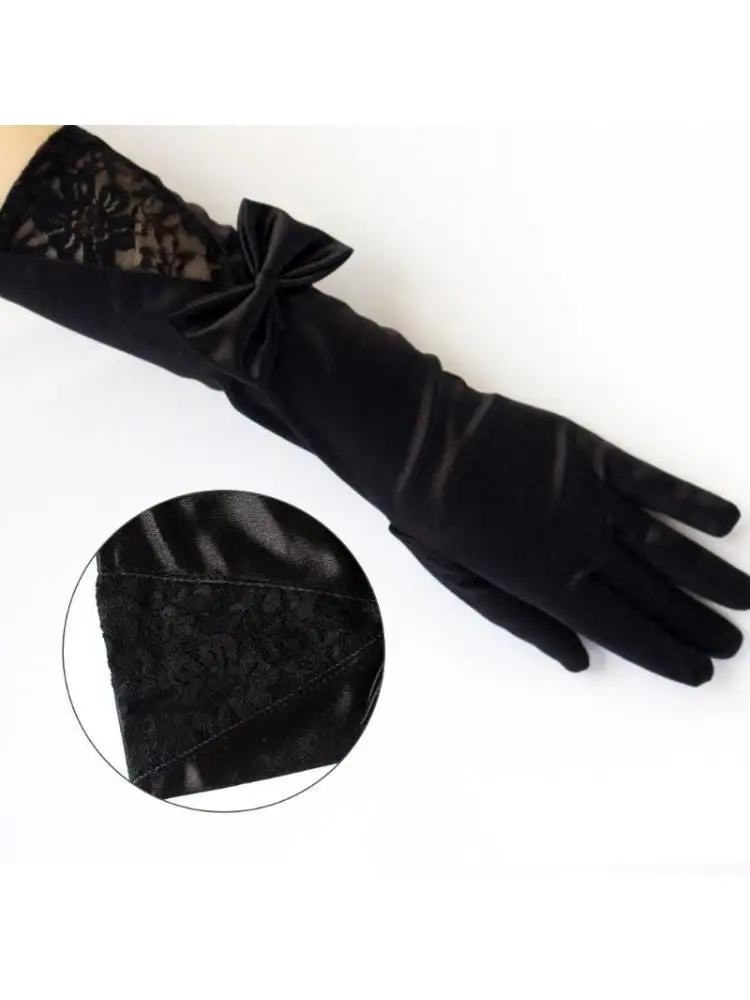 

652F Satin Gloves Lace Trim Elegant Long Courtesy Bowknot Prom Evening Party Mittens