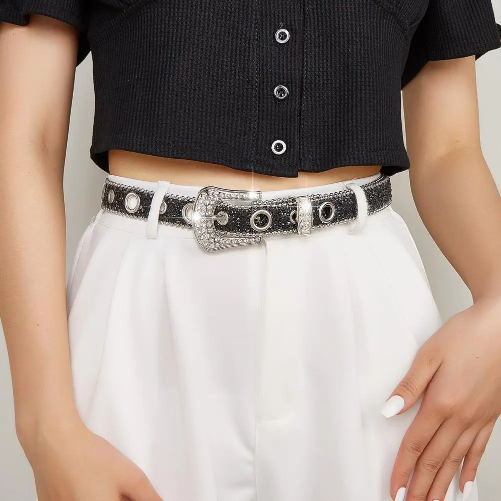 

Women Belt Fashion Item Buckles Belt Female Decorate Attractive Rhinestone Studded Faux Leather Belt