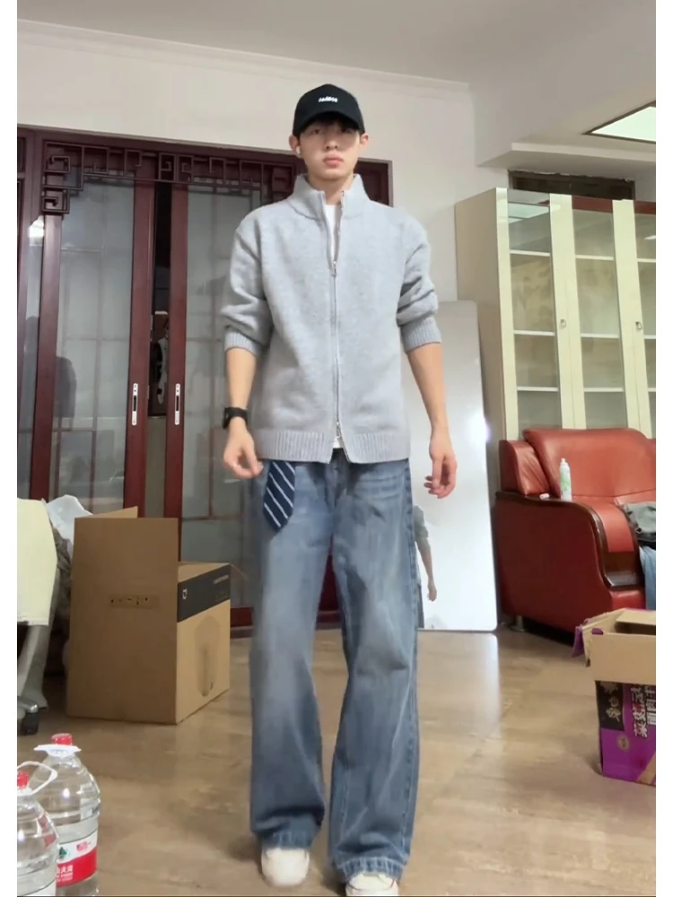 

ay Open Cardigan Sweater Men's Autumn Winter American Lazy Sle Stand Collar Knittedwear Cleanfit Outerwear Loose Fit Long...