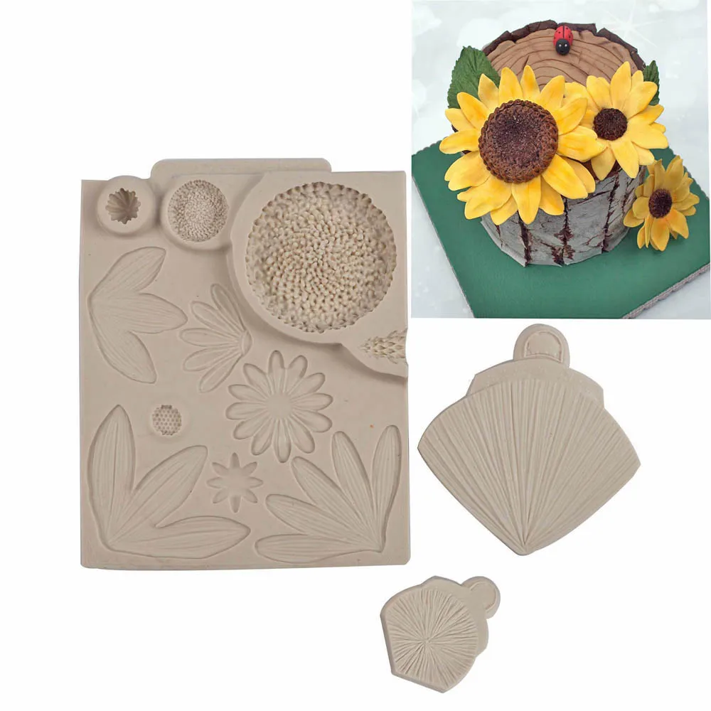 3 Pieces Silicone Sunflowe Fondant Mold Daisy Flower Leaf Texture  Sugarcraft Chocolate Decorative Cake Baking Mould