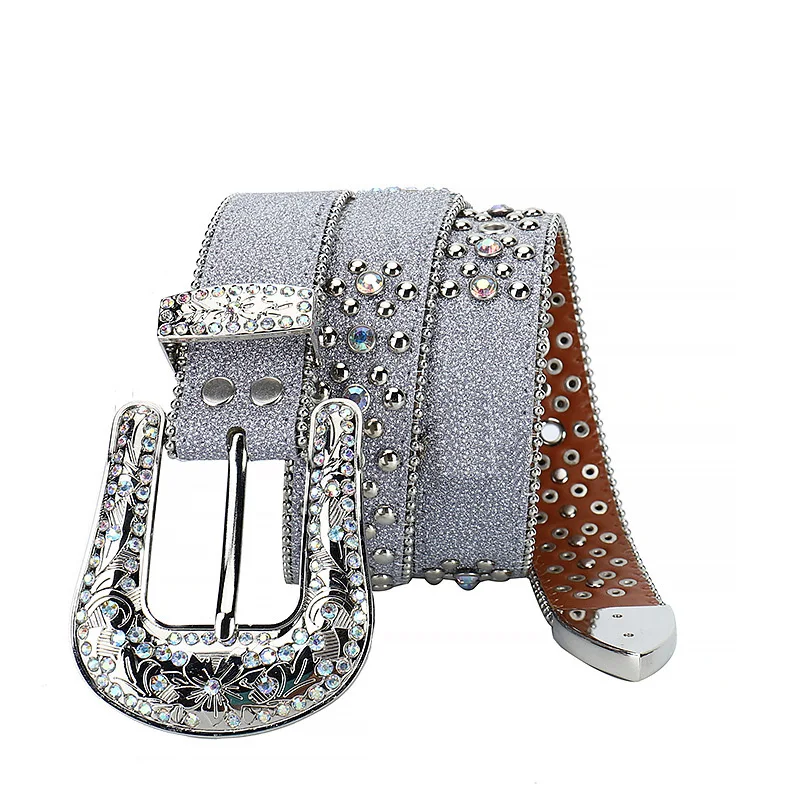 mens casual stage nightclub rhinestone belts silver soft leather round rivets belt print buckle waistband women designer strapon