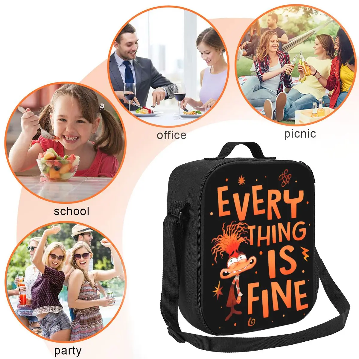 Custom Everything Is Fine Anxiety Inside Out Lunch Bag Women Thermal Cooler Insulated Lunch Boxes for Kids School