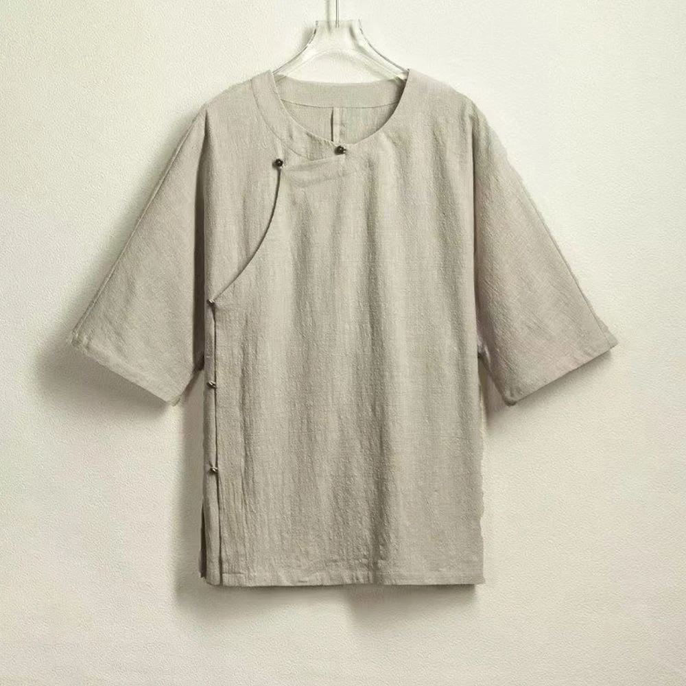 Mens Lightweight Slanted Placket Deconstructed Plain Casual T-Shirt Summer Fashion Retro Outdoor Daily Short-Sleeve Top 2026 New