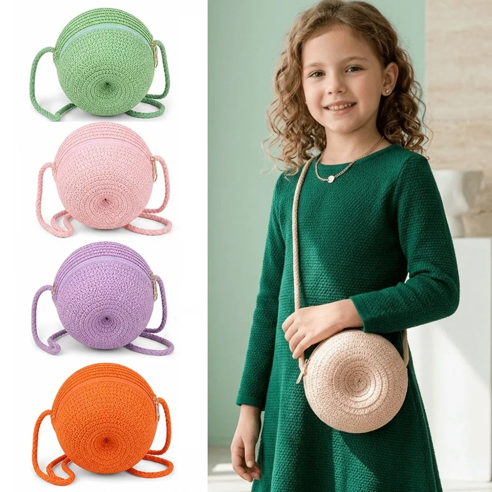 New Apple Shape Straw Woven Bag Woven Texture Storage Girls Shoulder Bag Decorative Zipper Closure Handbag for Children