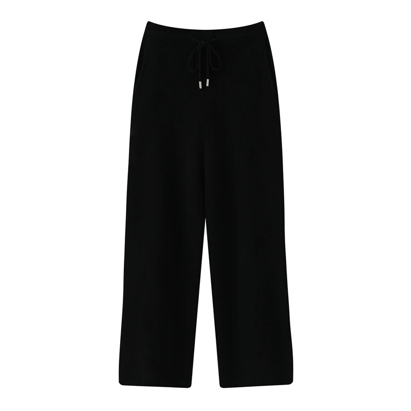 2025 Heren 100% merinowol dikke elastische taille wijde pijpen herfst winter gebreide broek warme comfortabele casual losse lange broek