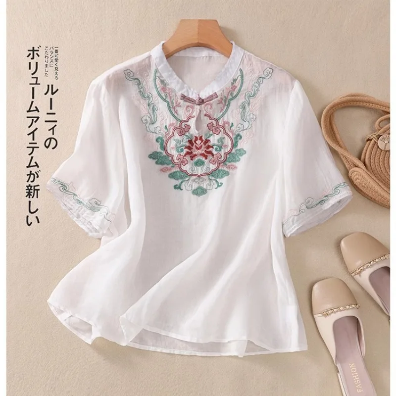 Summer New Chinese Style Pullovers Crew Neck Pan Button Embroidery Spliced Short Sleeve Elegant Loose Commuter T-shirt Tops