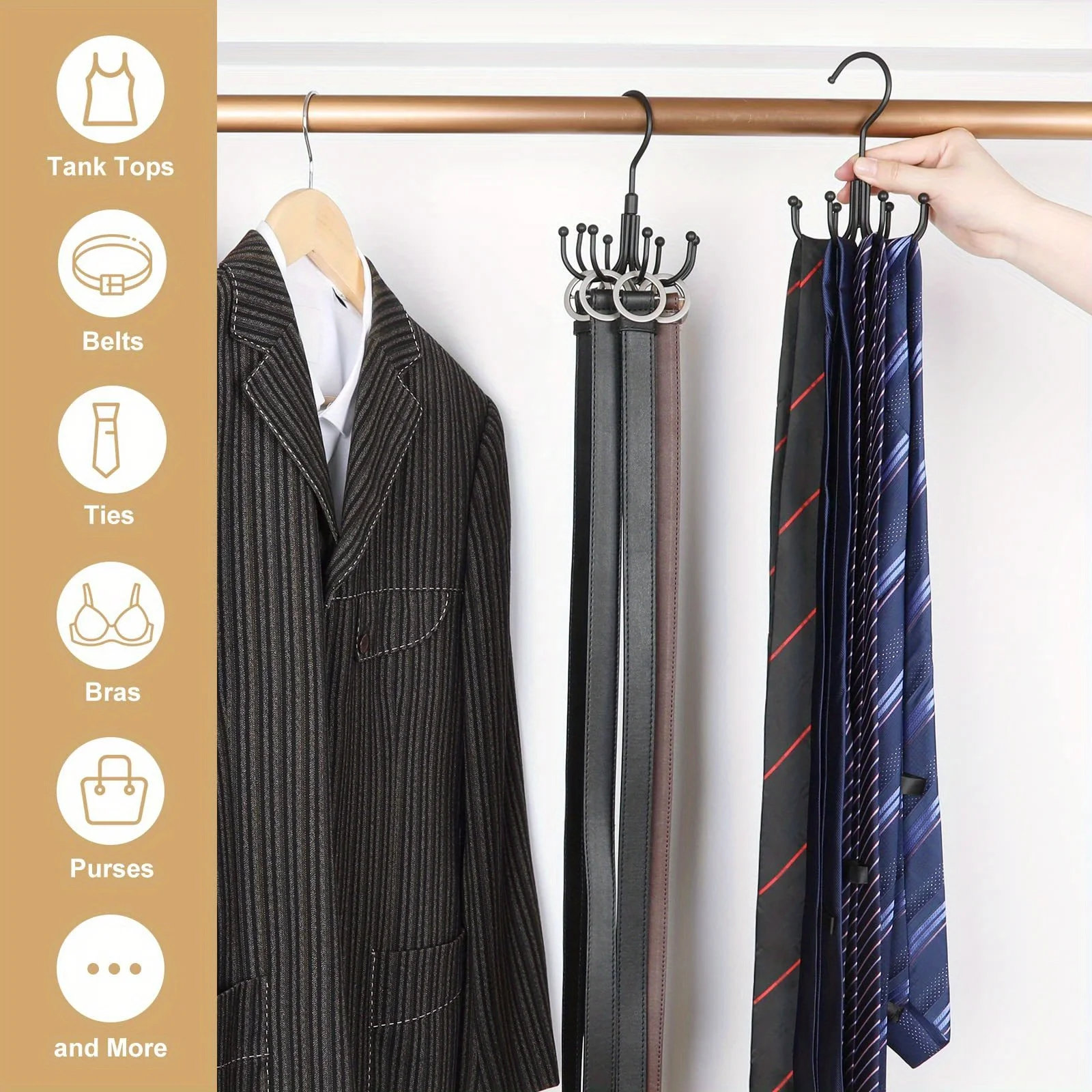 Belt Hanger for Closet, 360 ° Swivel Belt Rack, Belt Organizer with 8 Hanging Hooks, Accessory Organizers, 1Pc