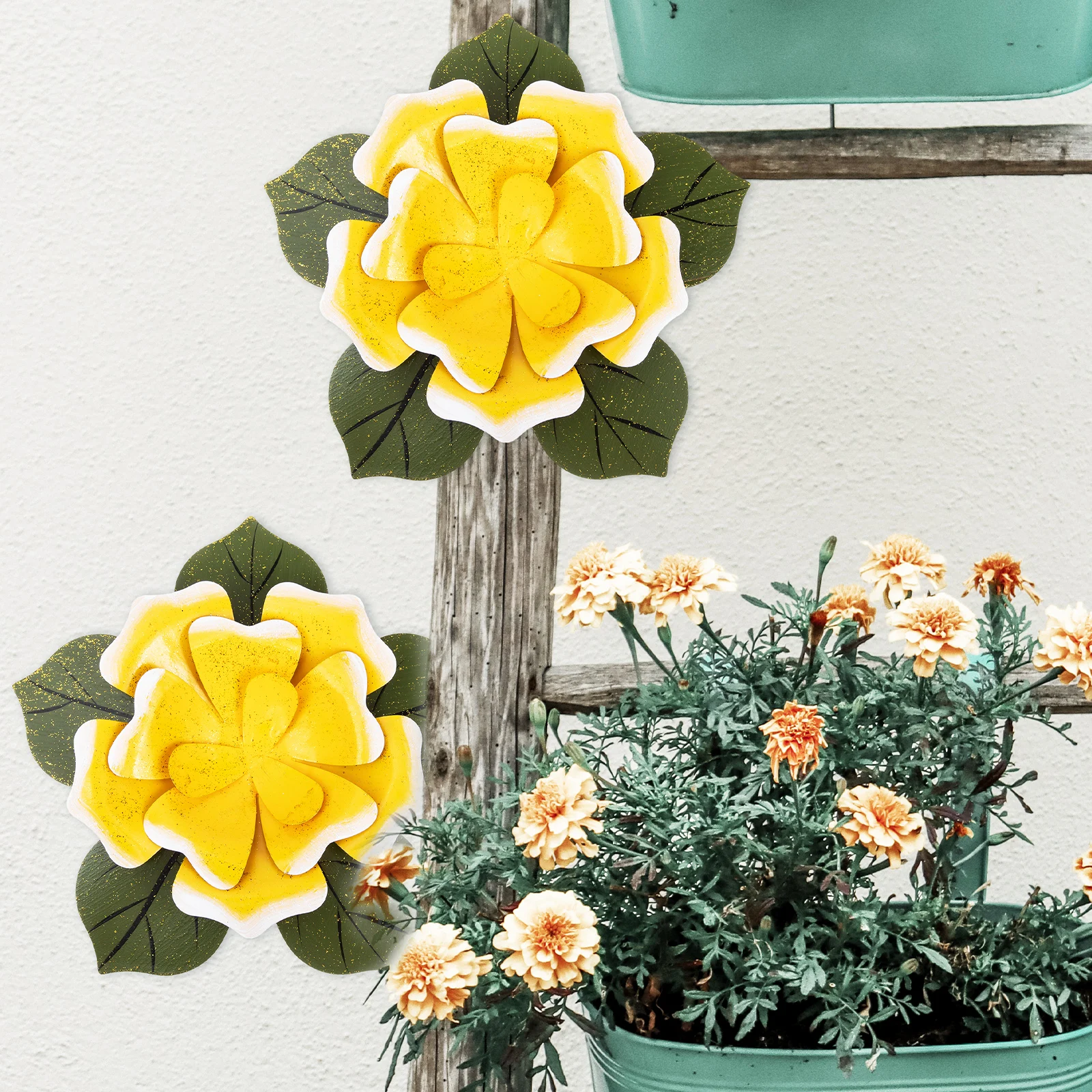 

Iron Rose Decor Yellow Metal Flowers Wall Art Hanging nament 3D Flower Shaped Lightweight Durable Outdoor Indoor