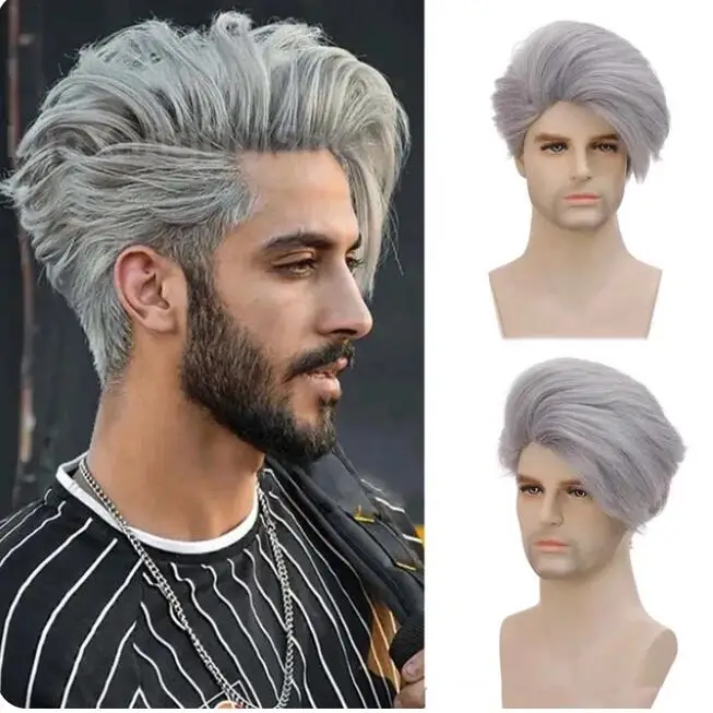 Synthetic Man's Short Wig Trendy Silver Gray Wig with Bangs Natural Soft Breathable Layered Wig for Male Daily Cosplay