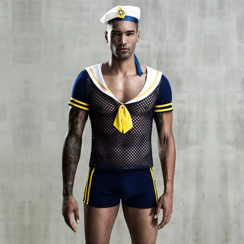 JSY Sexy Cosplay Lingerie Men Sailor Uniform Underwear Set Blue Erotic Lingerie Porno Costumes Sexy Role Play Clubwear Outfits M