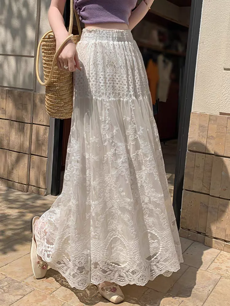 Falda midi de malla transparente con forro de encaje de verano: falda larga acampanada fluida con dobladillo drapeado y estilo Boho Chic