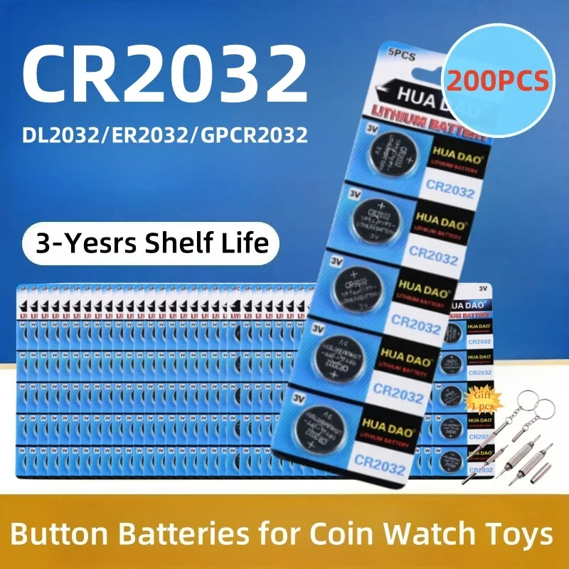 

200PCS CR2032 3V Lithium Battery 210mAh Watch, Toy Calculator Car Key CR 2032 DL2032 ECR2032 Button Coin Cells