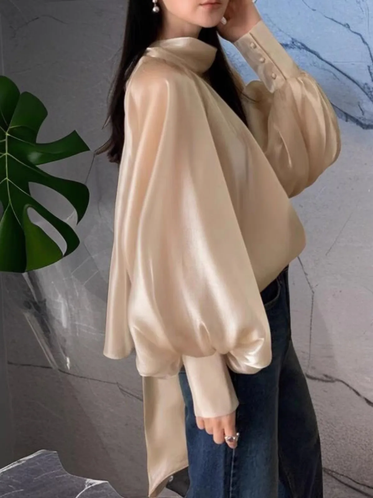 Elegant Lady See-Through Fashion Lantern Sleeve Blouse High Neck Loose Fit Women Party Shirt Tops s765