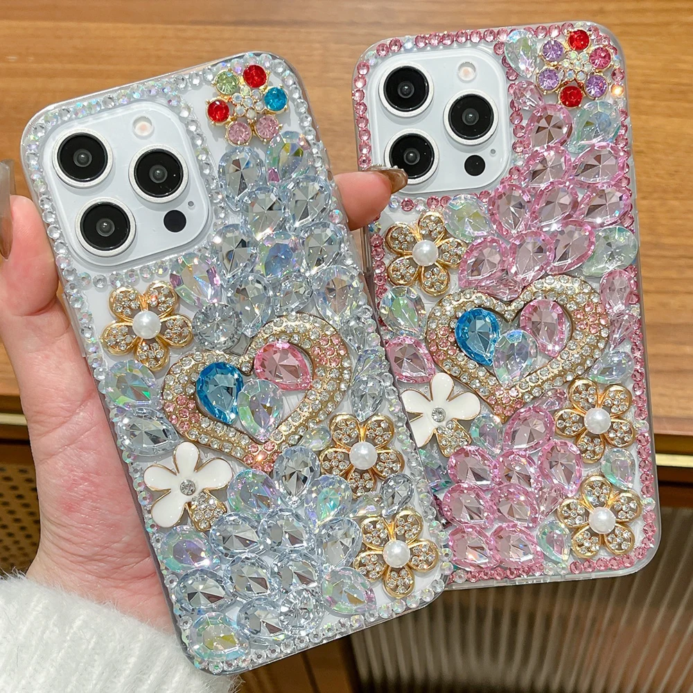 Luxury 3D Bling Glitter Crystal Rhinestone Heart Floral Phone Case for Honor X60 Pro X50i X30 X50 X40 X30i 5G