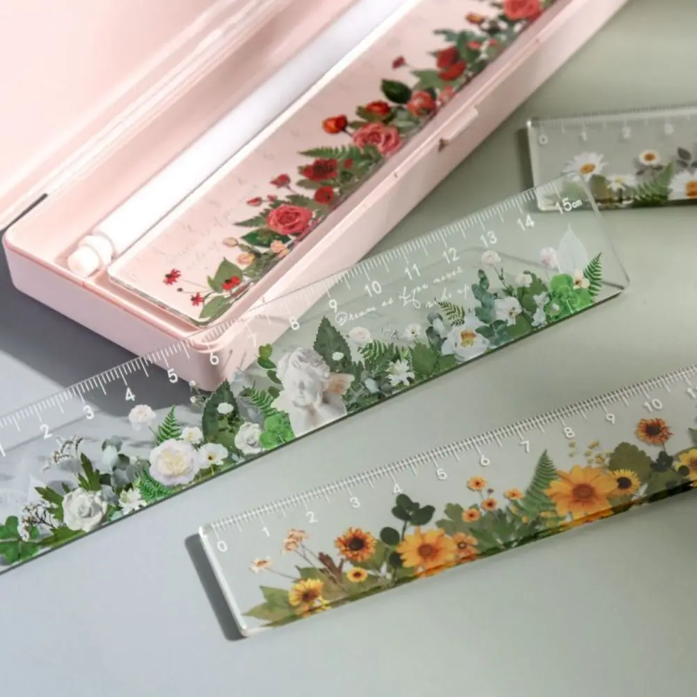Creative Multifunction 15cm Straight Ruler Transparent Double-duty Math Drawing Ruler Rose Acrylic Flower Bookmark Office