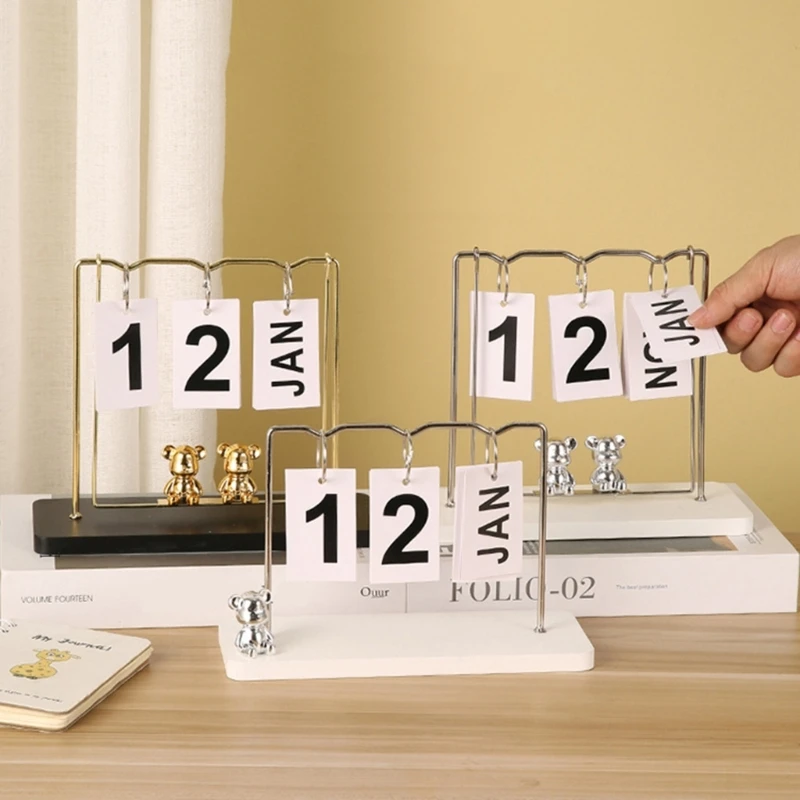 Calendário decorativo flip para decoração casa, anéis ferro, calendário permanente com datas/mês, cartões, calendário