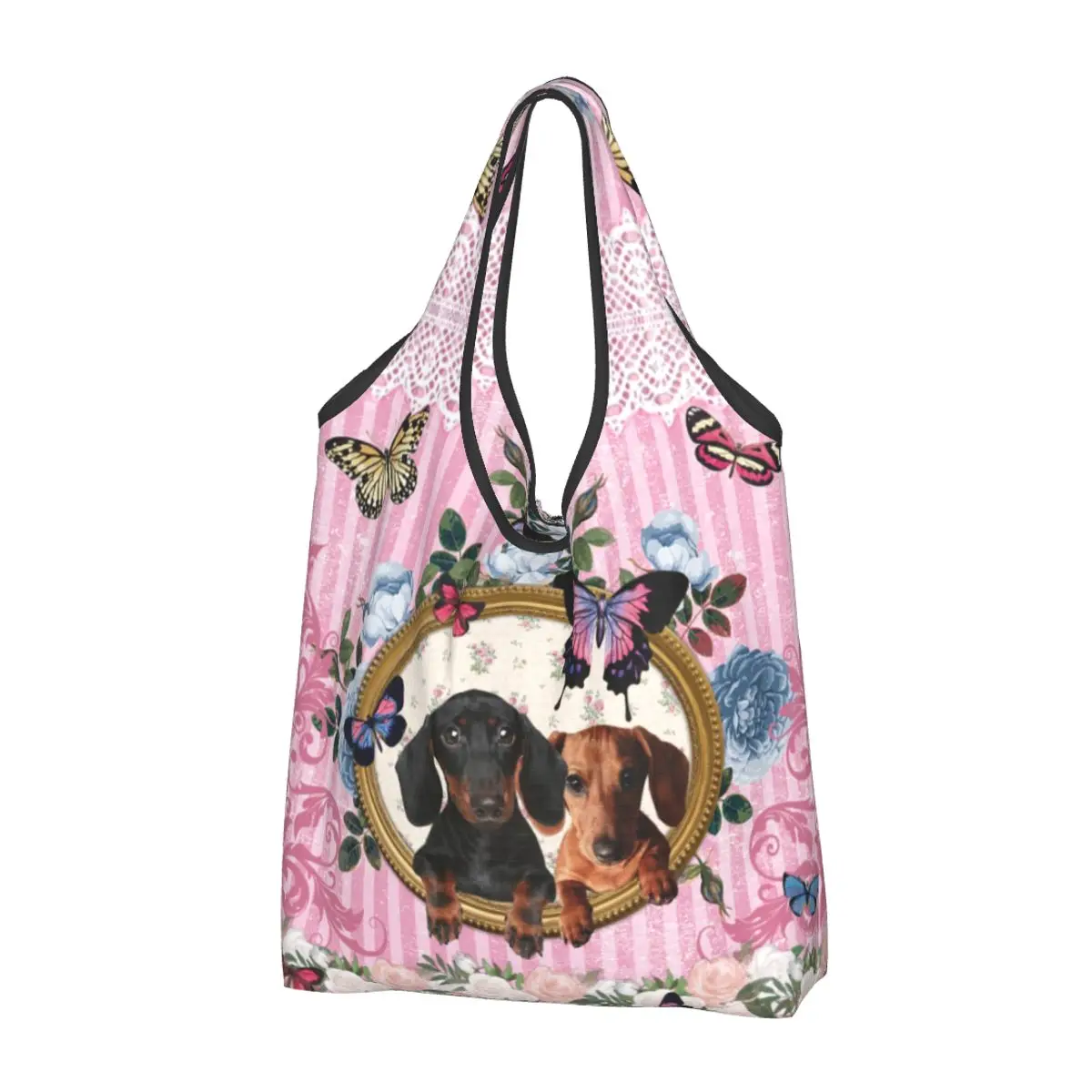 Custom Dachshund Dog And Butterfly Shopping Bags Women Portable Big Capacity Groceries Badger Wiener Sausage Shopper Tote Bags