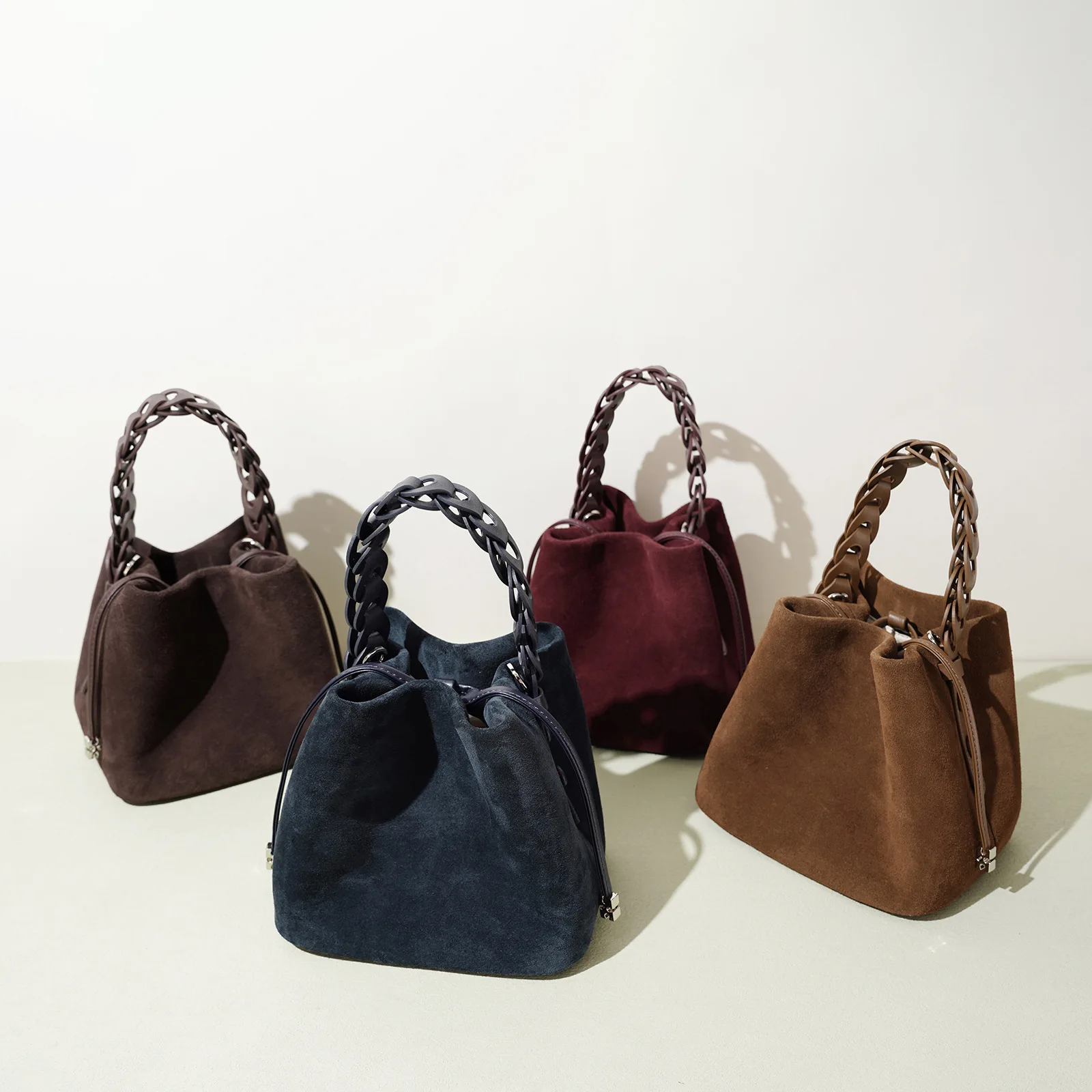 FIRMRANCH Vintage Velvet Texture Cowhide Woven Handbag Drawstring Mini Fashion Lady's Cross-Body Bucket Bag
