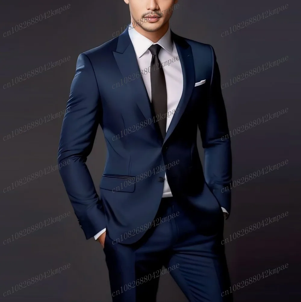 

New Acetate Satin Navy Blue Formal Men Suit Groom Groomsman Wedding Party Prom Business Male Tuxedos 2 Piece Set Blazer Pants