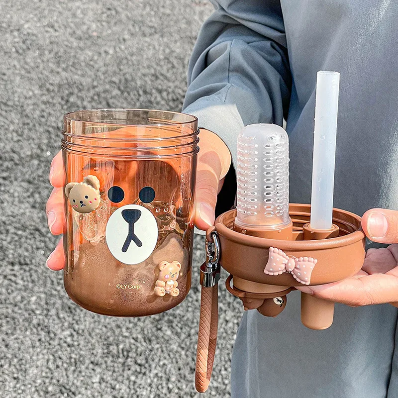 Kawaii Line Friends Sippy Cup Cartoon Brown Doll Coffee Cups Cute with Tea Partition Double Drinking Mouth Child Water Cup Gift