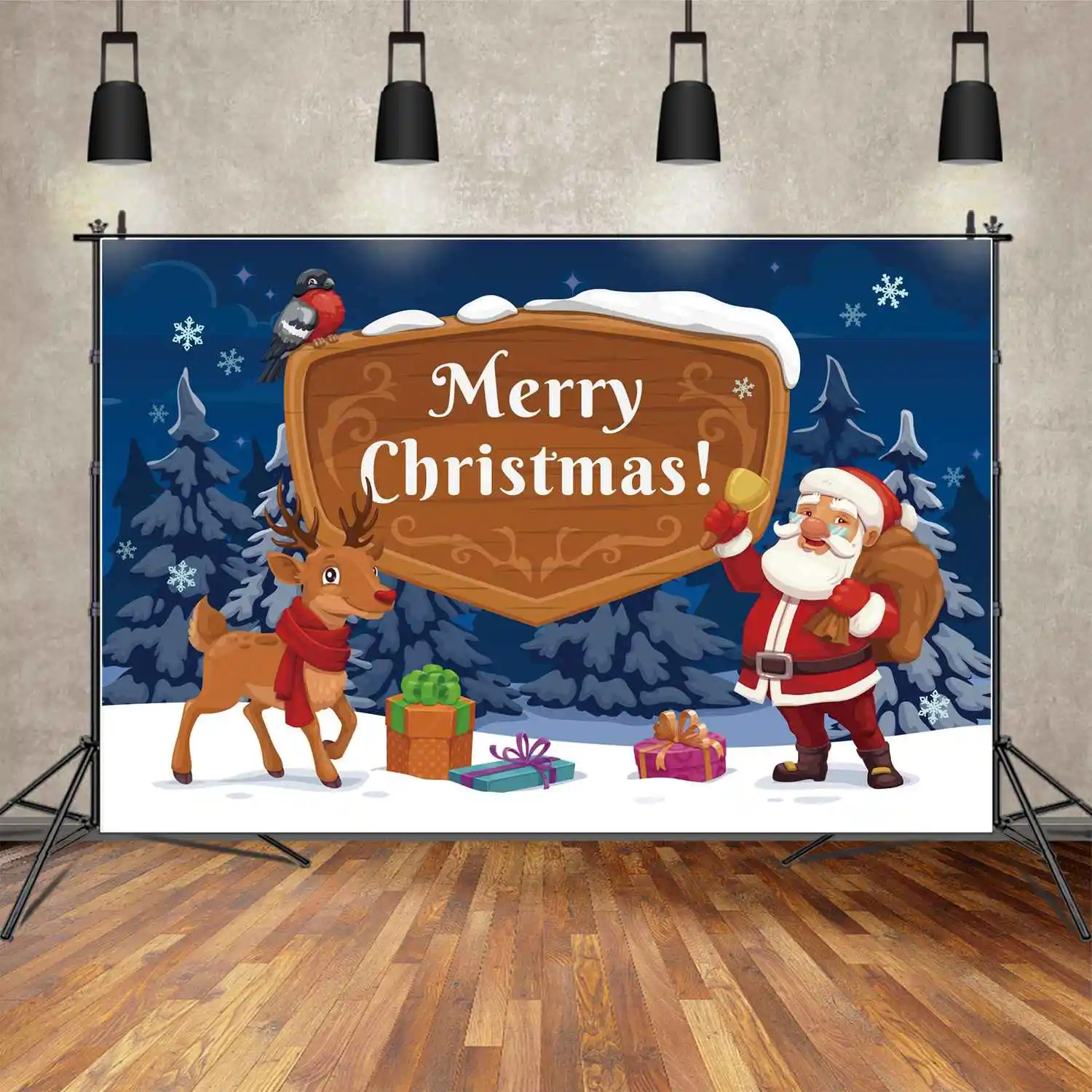 MOON.QG Backdrop Merry Christmas Wood Board  Baby Party Banner Santa Reindeer Background Blue Forest Snowflake Decor Photo Booth