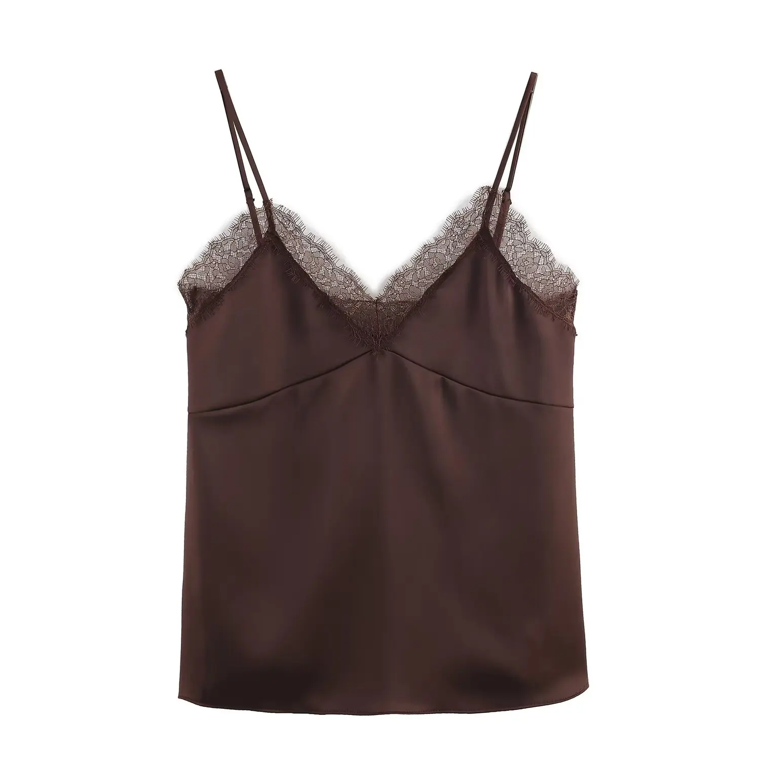 المرأة الربيع الصيف موضة أنيقة الخامس الرقبة عارية الذراعين أكمام حبال سيدة مثير الدانتيل الحرير الساتان الحمالة سترة شارع العليا القمم