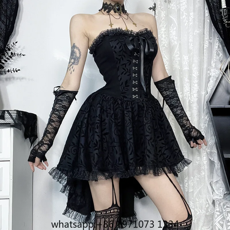 Goth Dark Lace Patchwork Bandage Strapless Corset Dress Mall Gothic Party Ball Gown Fairy Hotsweet Backless Tailed Dresses Women