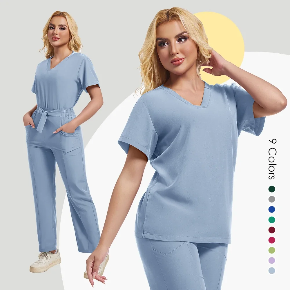 Nouvelle chemise à manches courtes à col en v + pantalons de sport pour hommes et femmes, uniforme de travail pour le personnel médical d'hôpital, médecins dentaires, salon de beauté