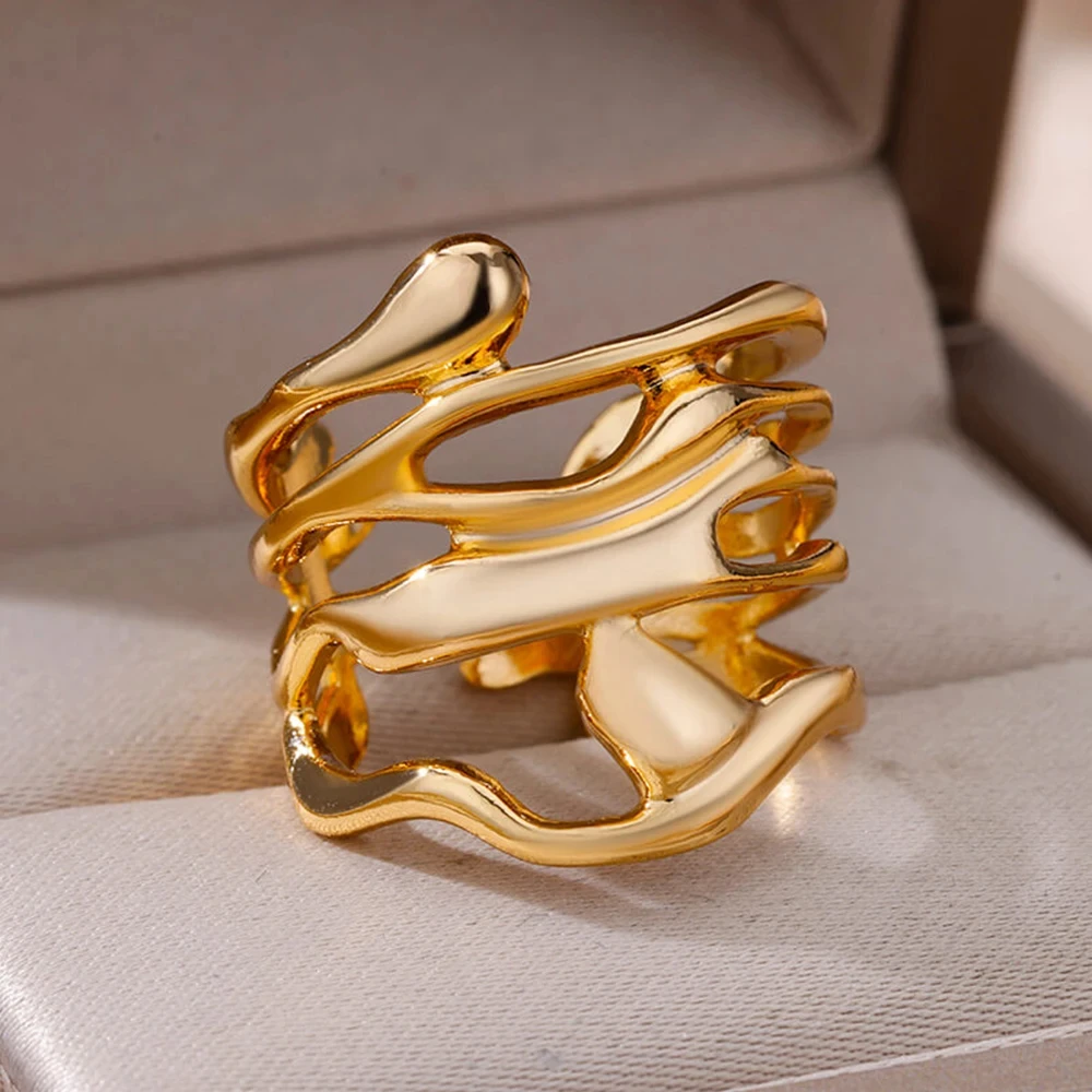 Edelstahl Chunky Breite Ringe Für Frauen Vintage Gold Farbe Geometrische Open Finger Ring Mode Minimalistischen Schmuck Geschenk Femme