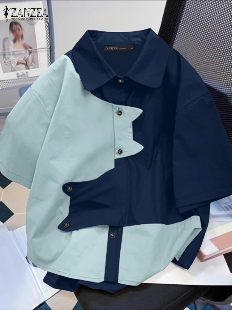 

ZANZEA женские стильные рубашки нестандартной формы контрастного цвета с отложным воротником, лето 202, рубашка на пуговицах с короткими рукавами, уличная одежда