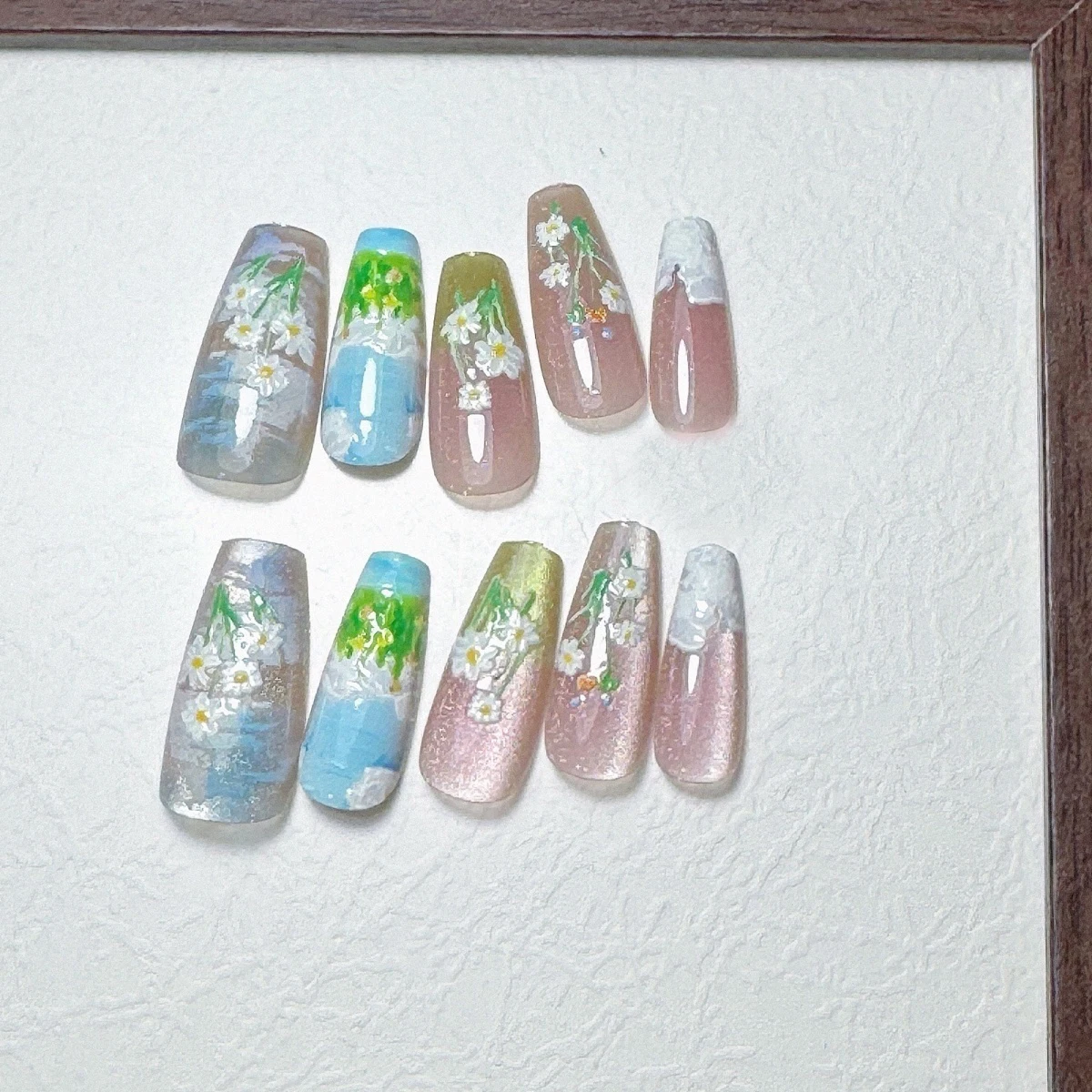 10pcs Medium Trapezoidal Flower Oil Painting Born Pretty French Fake Nails Press On Decorated Reusable Girl False Nails Tips