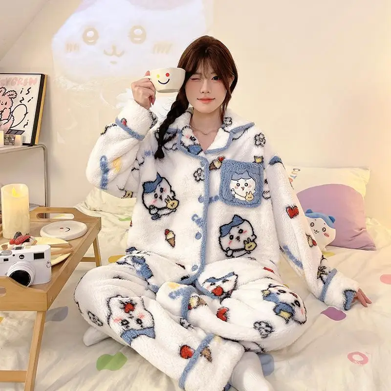 Anime Kawaii Self-Deprecating Bear Chiikawa Flannel Pajamas Cartoon Thickened Lapel Cardigan Pajamas Home Clothes Set