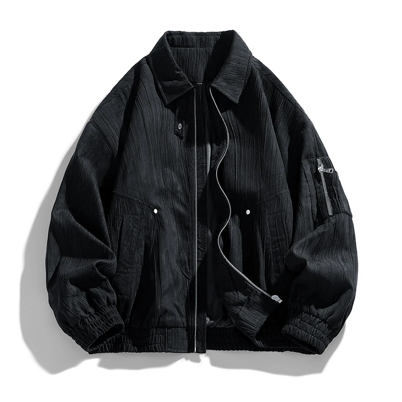 

Винтажная рабочая одежда с текстурированным силуэтом, мужская куртка на молнии с лацканами и карманом на рукавах, свободная текстурированная мужская куртка на молнии с лацканами и карманом на рукавах