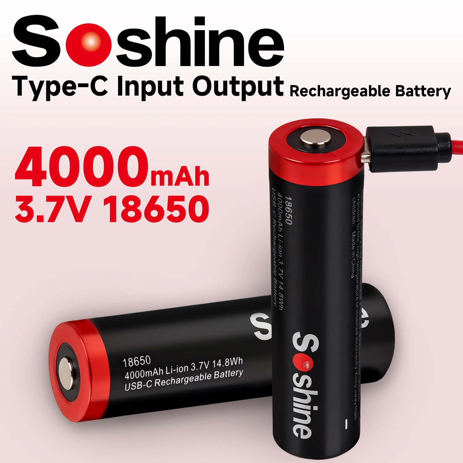 Soshine Type-C 18650 3.7V Rechargeable Li-ion Battery 4000mAh Lithium Batteries for Flashlight Microphone Fan Electric Razor