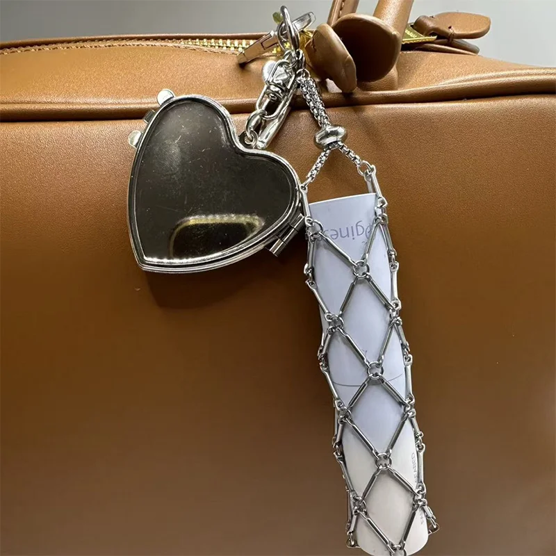 

Y2k Popular Metal Keychain Love Bag Pendant Portable Keyring Lipstick Storage Mesh Pouch Mirror Protective Keychain Gift Pendant